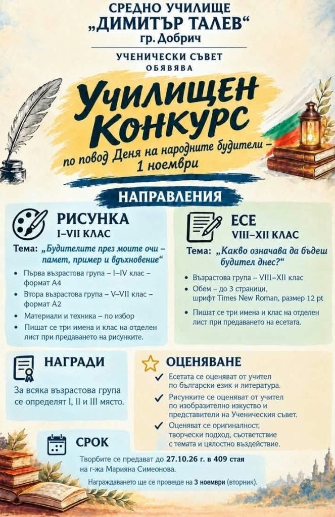 Училищен конкурс по повод Деня на народните будители- 1 ноември